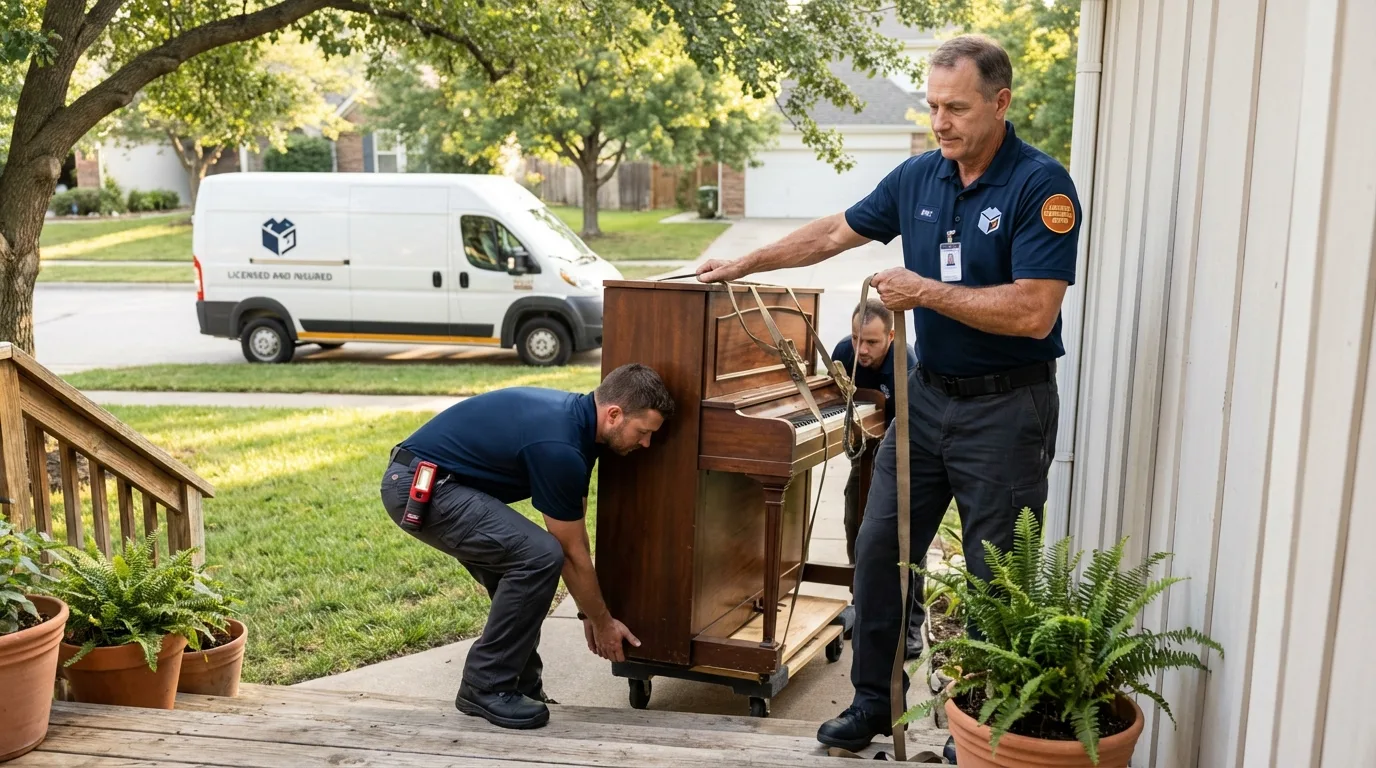 Licensed piano movers securing grand piano in Franklin, WV