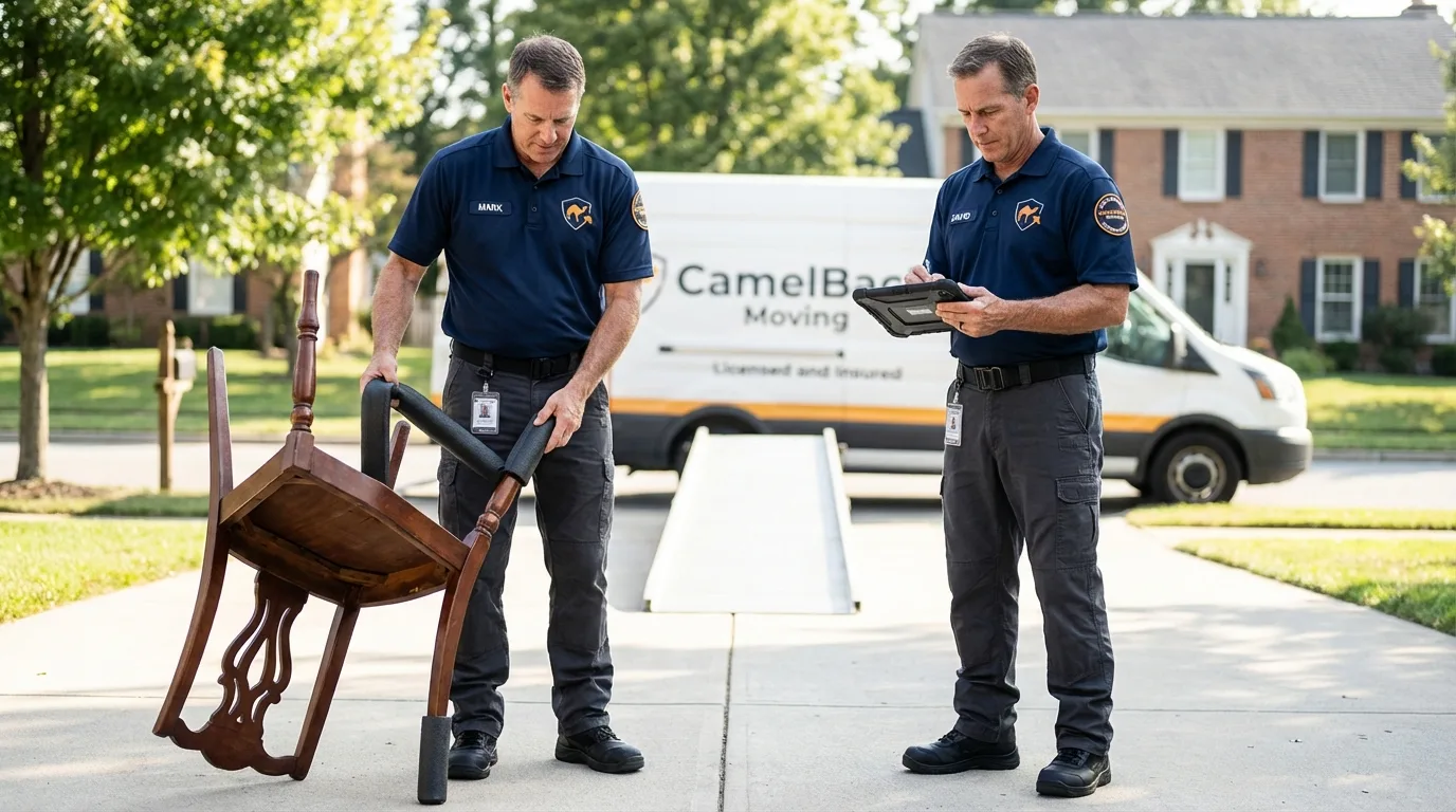 Movers inspecting furniture for damage prevention before loading in Franklin, WV