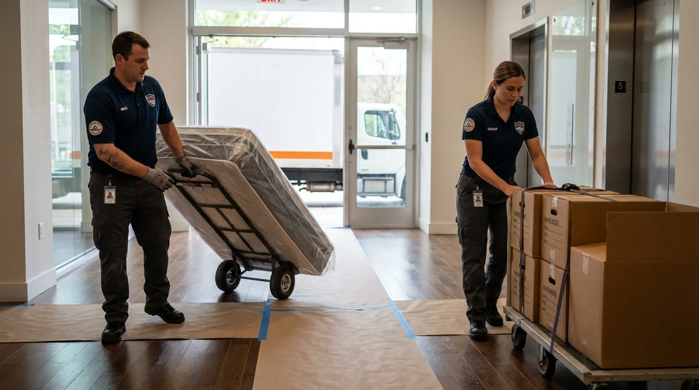 Professional apartment movers loading elevator in Franklin, WV
