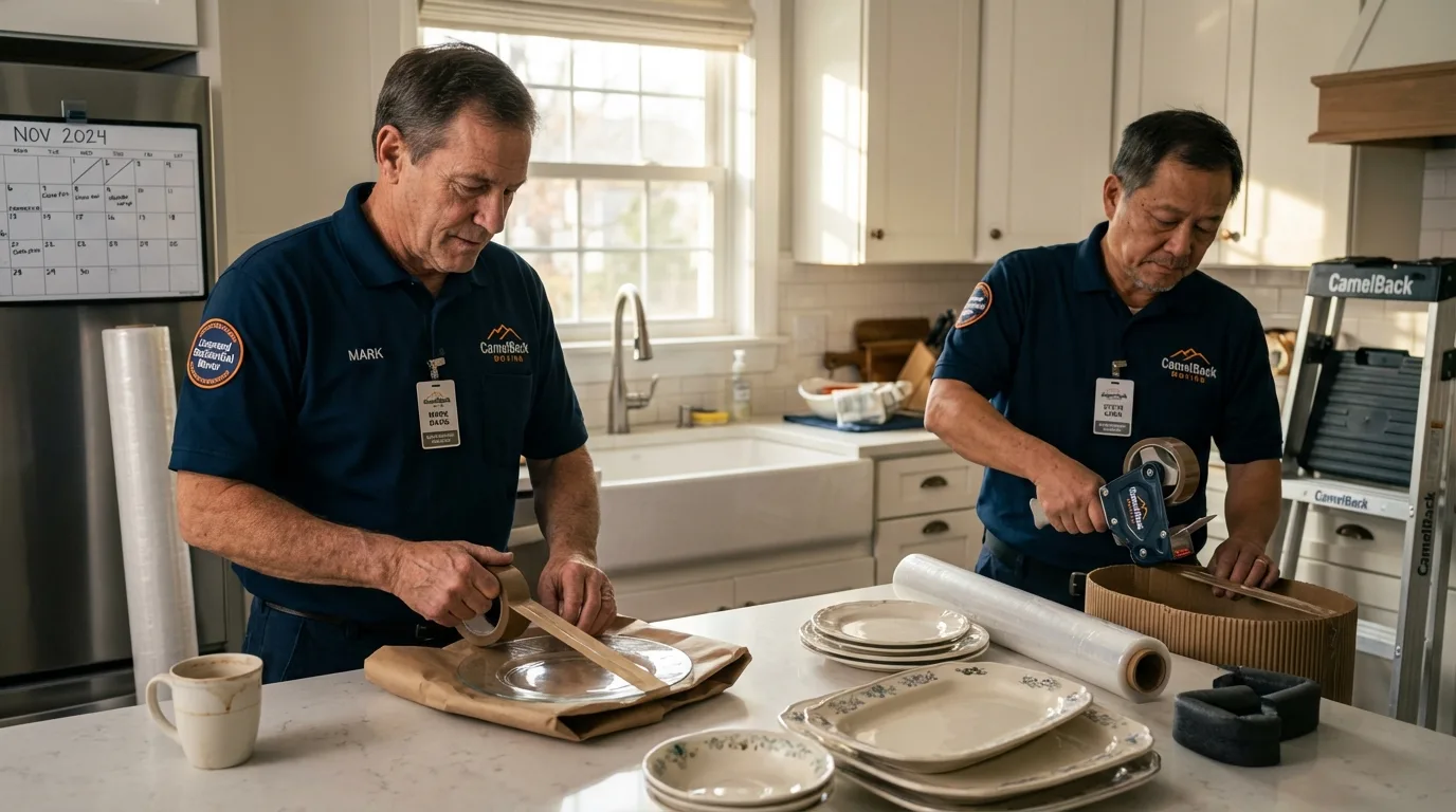 Professional crew packing kitchen dishware in Franklin, WV